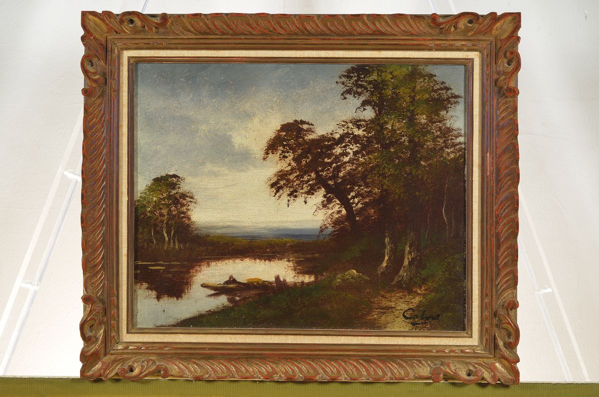 Detail k: Catois, französischer Maler, um 1900, 2 Pendants: Abendliche Landschaften mit Angler bzw. Spaziergänger, Öl/Lwd, beide signiert, je ca. 33x41cm, ...
