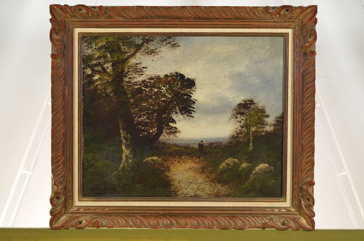Detail n: Catois, französischer Maler, um 1900, 2 Pendants: Abendliche Landschaften mit Angler bzw. Spaziergänger, Öl/Lwd, beide signiert, je ca. 33x41cm, ...