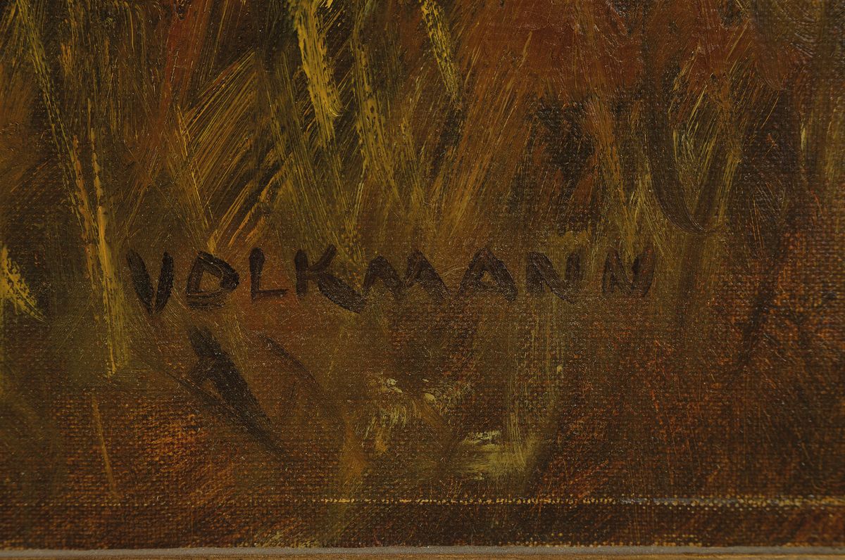 Detail a: Arthur Volkmann, 1851 Leipzig-1941 Geislingen, Studium an den Akademien Dresden und Berlin, hier: Elche in weiter Moorlandschaft, Öl/Lwd, rechts ...