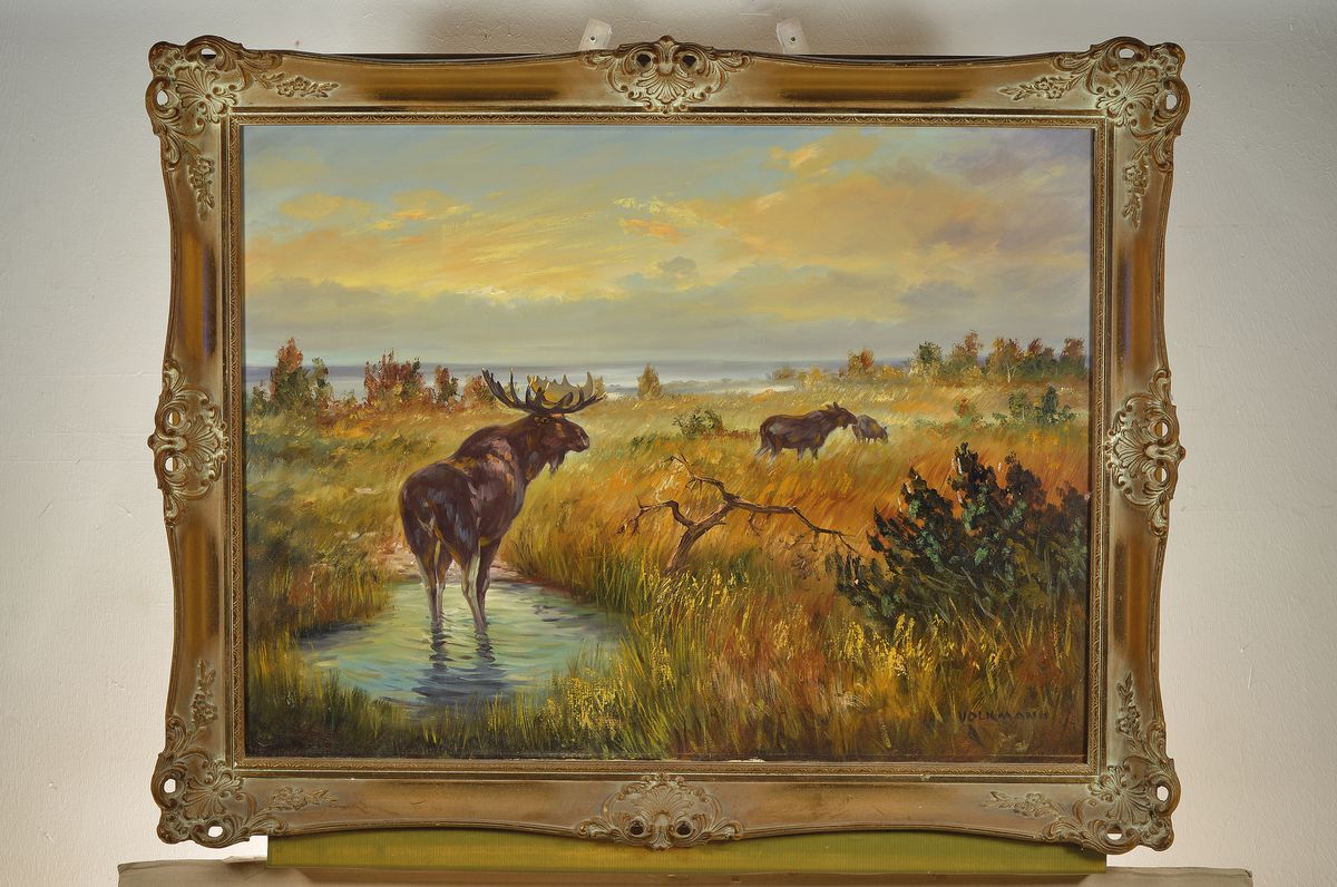 Detail k: Arthur Volkmann, 1851 Leipzig-1941 Geislingen, Studium an den Akademien Dresden und Berlin, hier: Elche in weiter Moorlandschaft, Öl/Lwd, rechts ...