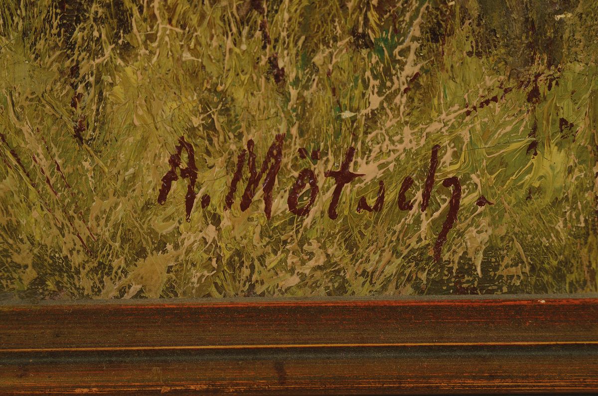 Detail a: August Mötsch, 1869 Elberfeld-1950 Schlerken, Tier- und Jagdmaler der Düsseldorfer Schule, hier: röhrender Hirsch am Waldrand, Öl/Lwd, links ...