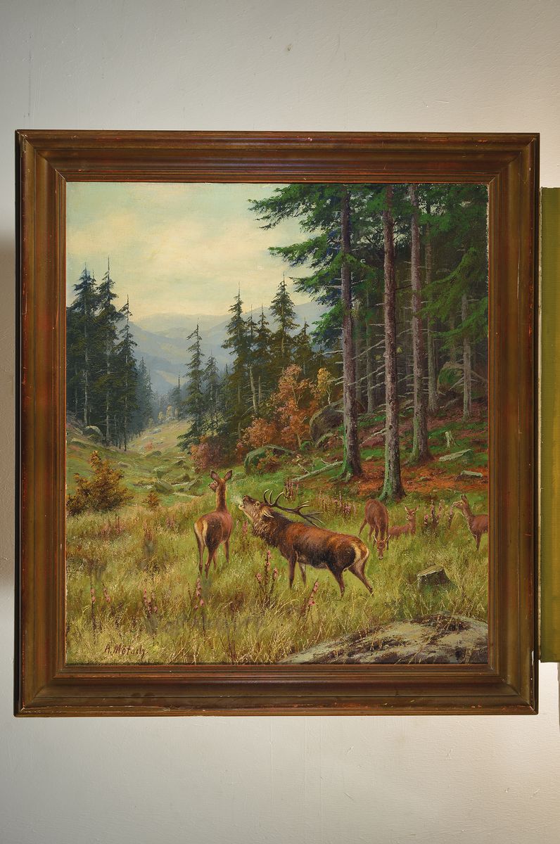 Detail k: August Mötsch, 1869 Elberfeld-1950 Schlerken, Tier- und Jagdmaler der Düsseldorfer Schule, hier: röhrender Hirsch am Waldrand, Öl/Lwd, links ...