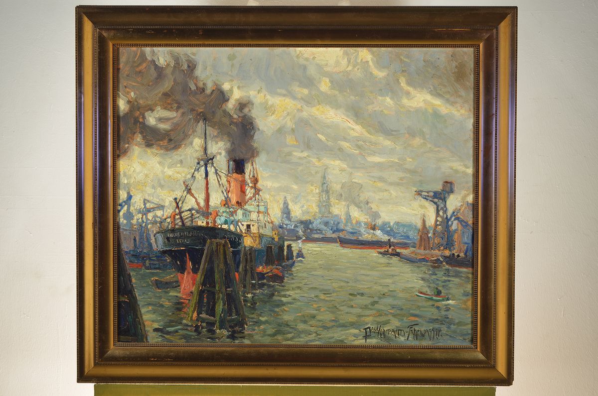 Detail k: Paul Lehmann-Fahrwasser, 1888-1977, Blick in den Hamburger Hafen, Öl/Malkarton, rechts unten signiert, ca. 60x70cm, R. ca. 7cm