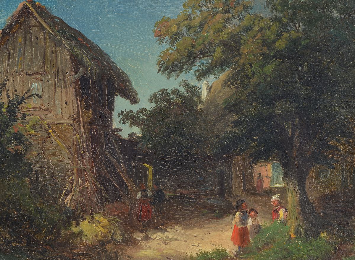 Maler der Münchener Schule, 2. Hälfte 19. Jh., Bauern im Gespräch vor dem Hof, Öl/Malkarton, ca. 23x32cm, u.Gl., R. ca. 31x41cm