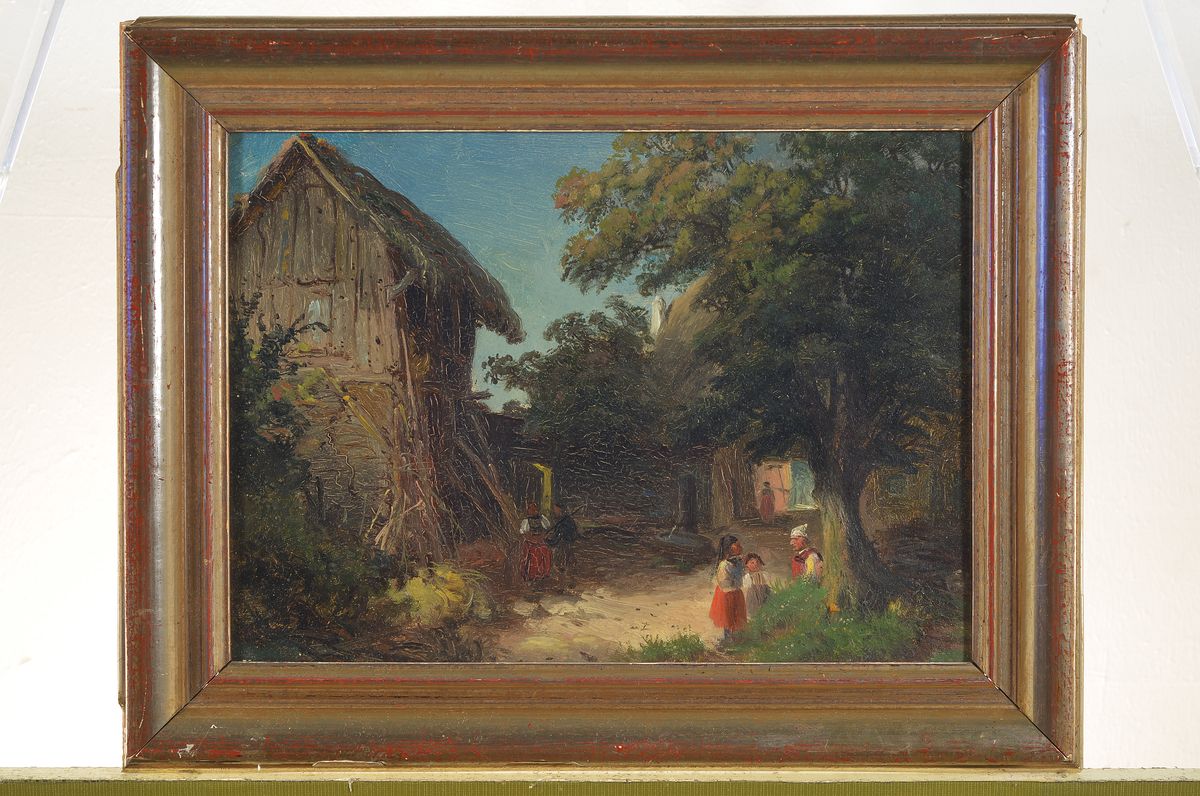 Detail k: Maler der Münchener Schule, 2. Hälfte 19. Jh., Bauern im Gespräch vor dem Hof, Öl/Malkarton, ca. 23x32cm, u.Gl., R. ca. 31x41cm