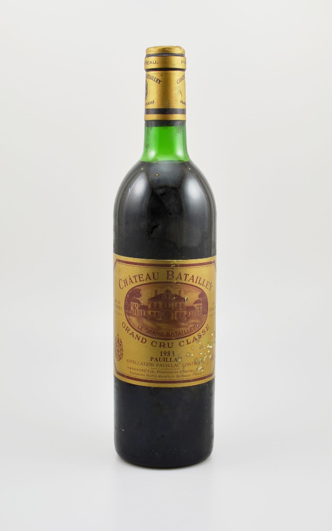 1 Flasche 1983 Chateau Batailley, Pauillac, Grand Cru Classe, ca. 75 cl, Füllstand: ca. top shoulder, Etikett l. beschmutzt bzw. besch., ...