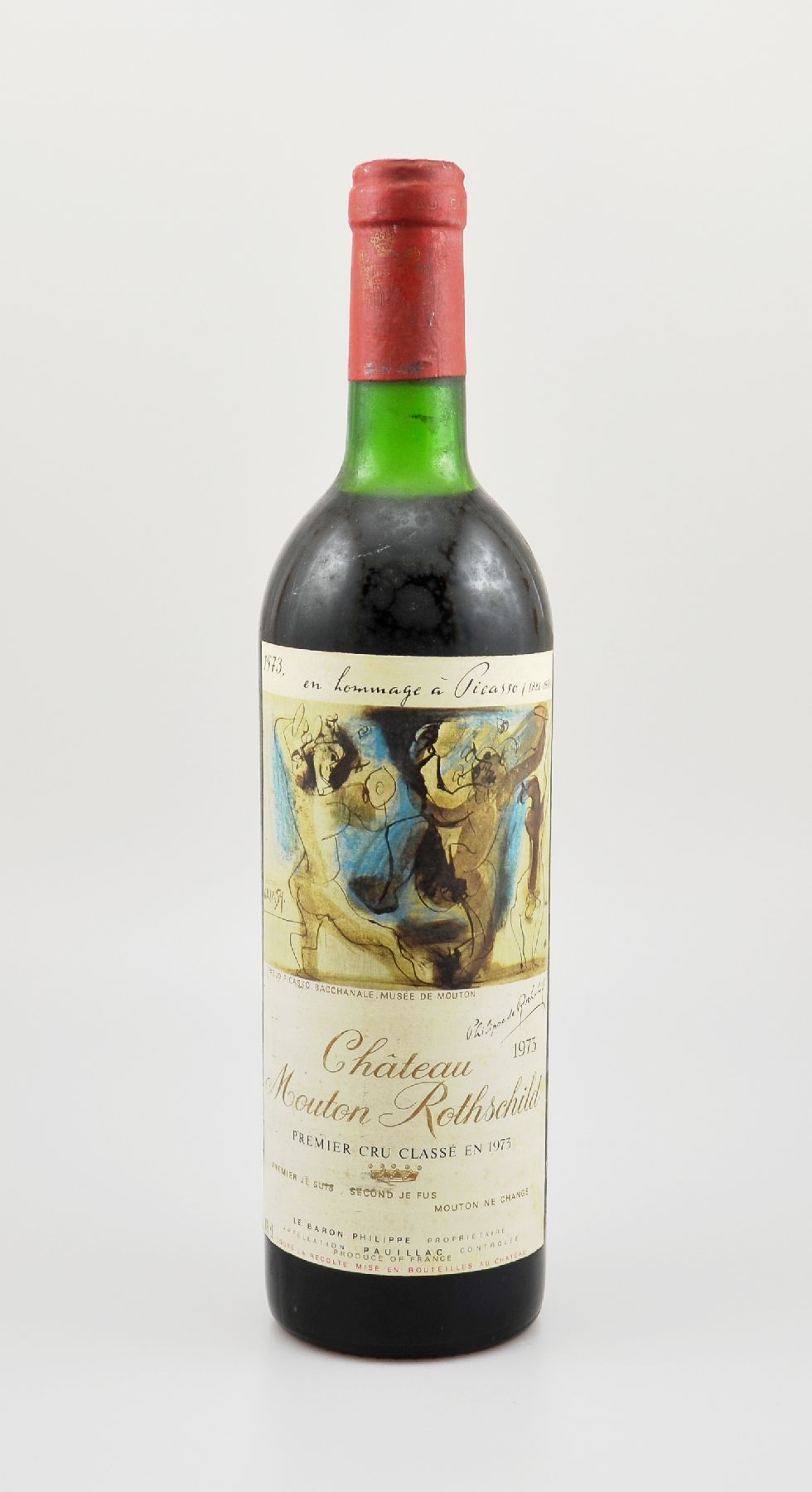 1 Flasche 1973 Chateau Mouton Rothschild, Pauillac, Premier Grand Cru Classe, ca. 73 cl, Füllstand: ca. top shoulder, guter Erhaltungszustand, ...