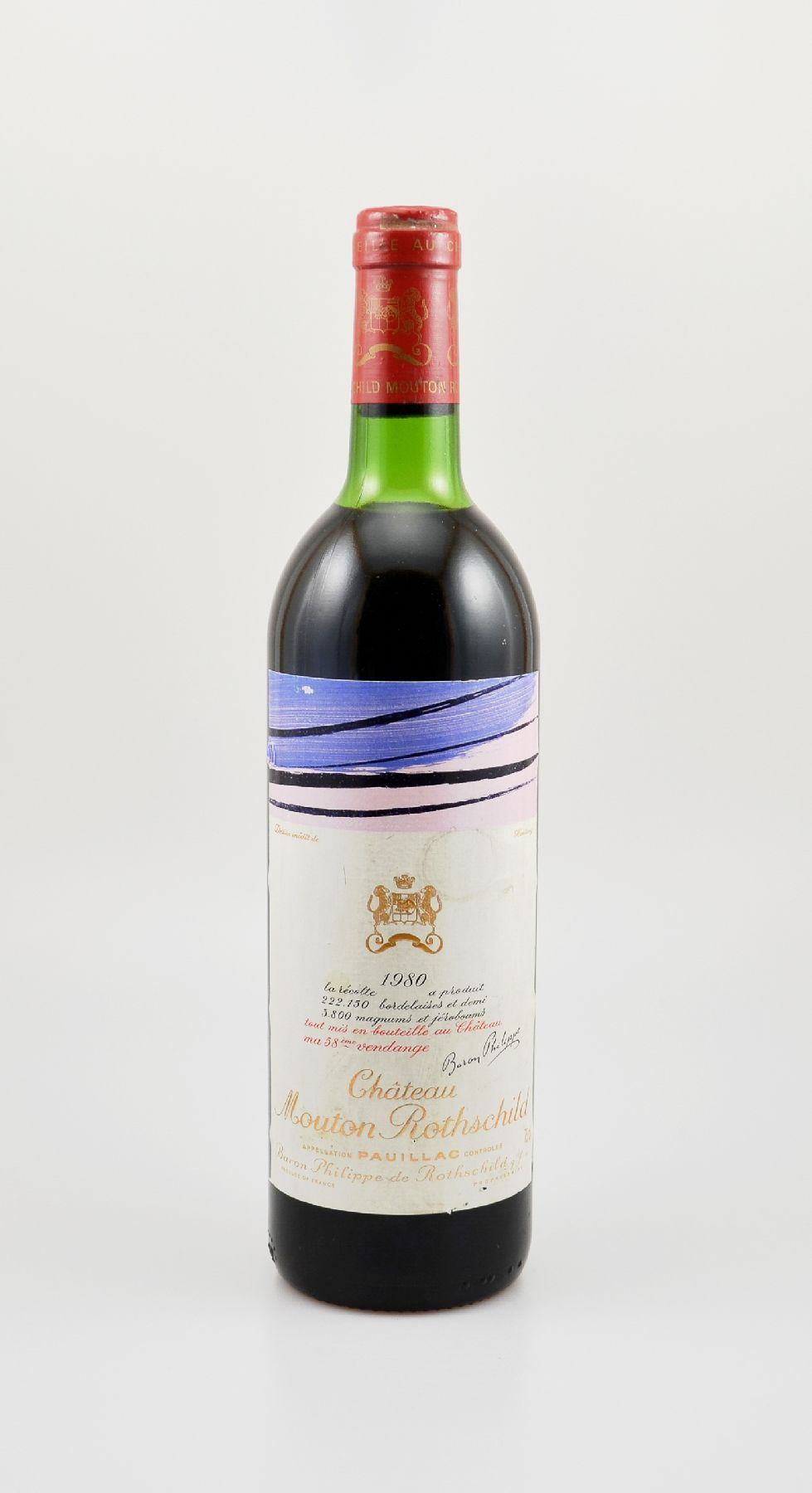 1 Flasche 1980 Chateau Mouton Rothschild, Pauillac, Premier Grand Cru Classe, ca. 75 cl, Füllstand: ca. top shoulder, Etikett min. beschmutzt bzw. ...