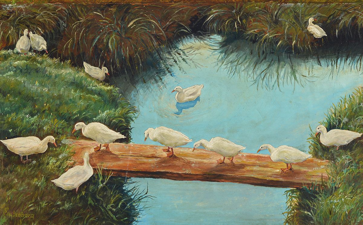 Felix Eulenburg, 1881 Greifswald-1909 Berlin , Studium an den Akademien Düsseldorf und Berlin, hier: Enten am Wasser, Öl/Malkarton, links unten ...
