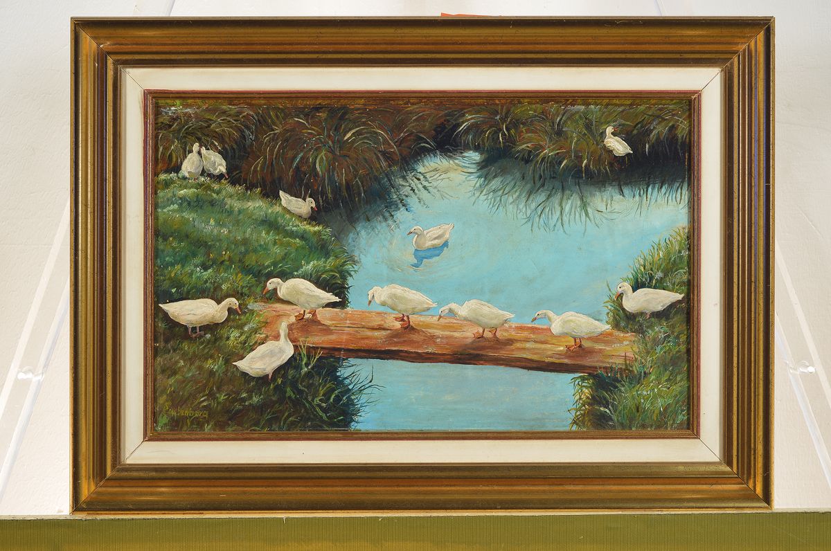 Detail k: Felix Eulenburg, 1881 Greifswald-1909 Berlin , Studium an den Akademien Düsseldorf und Berlin, hier: Enten am Wasser, Öl/Malkarton, links unten ...