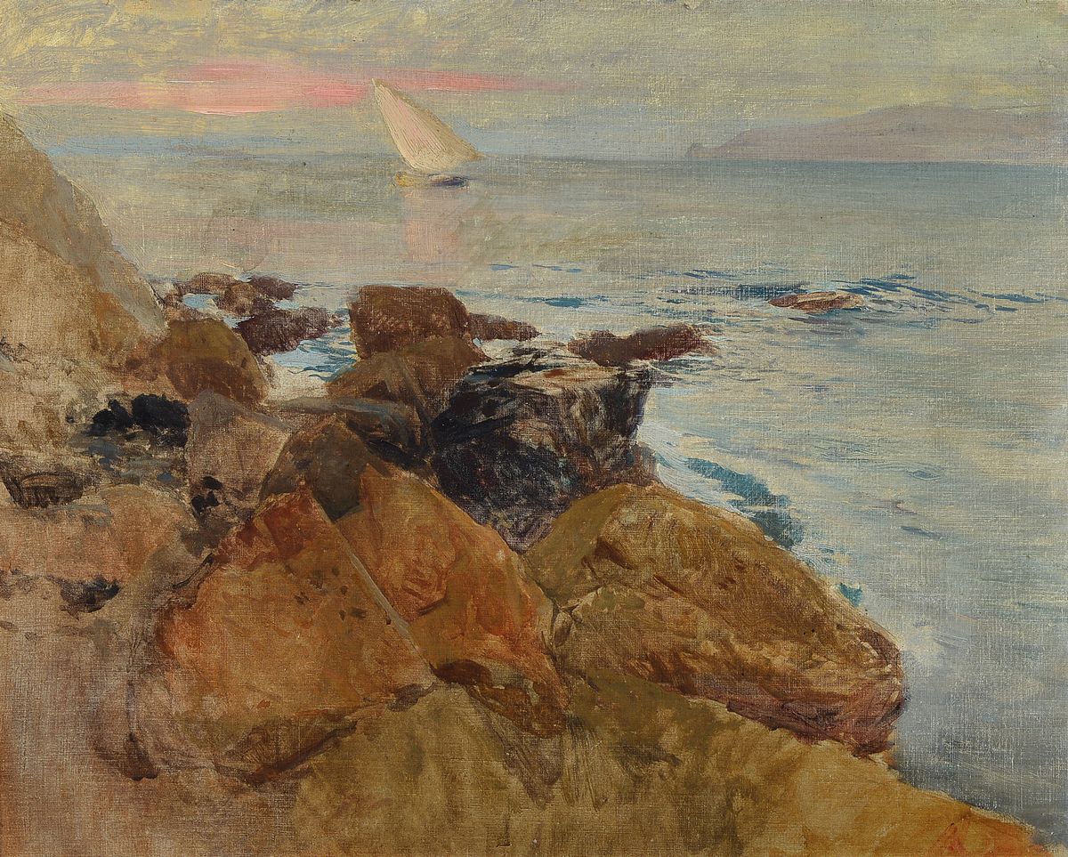 Emanuel Wieland, 1863-1922, Felsige Küste, im Hintergrund ein Segelboot, Abendstimmung, Öl/Malkarton, rechts unten datiert Sept. 1897, rückseitig ...