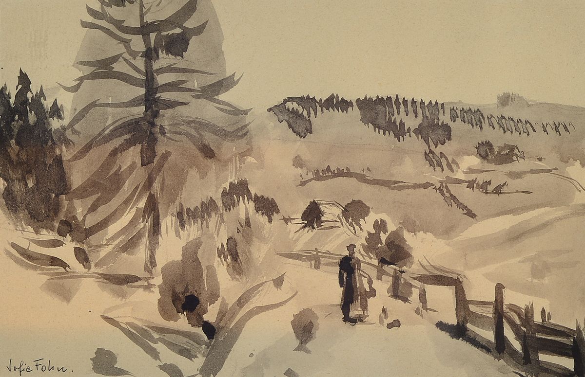 Sofie Fohn, 1899 München-1990 Bozen, Wanderer in den Bergen, monochromes Aquarell, links unten handsigniert, rückseitig mit handschriftlicher ...