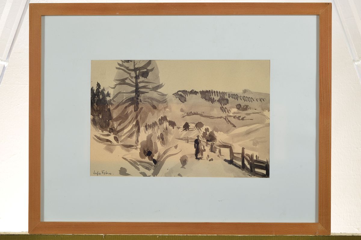 Detail k: Sofie Fohn, 1899 München-1990 Bozen, Wanderer in den Bergen, monochromes Aquarell, links unten handsigniert, rückseitig mit handschriftlicher ...