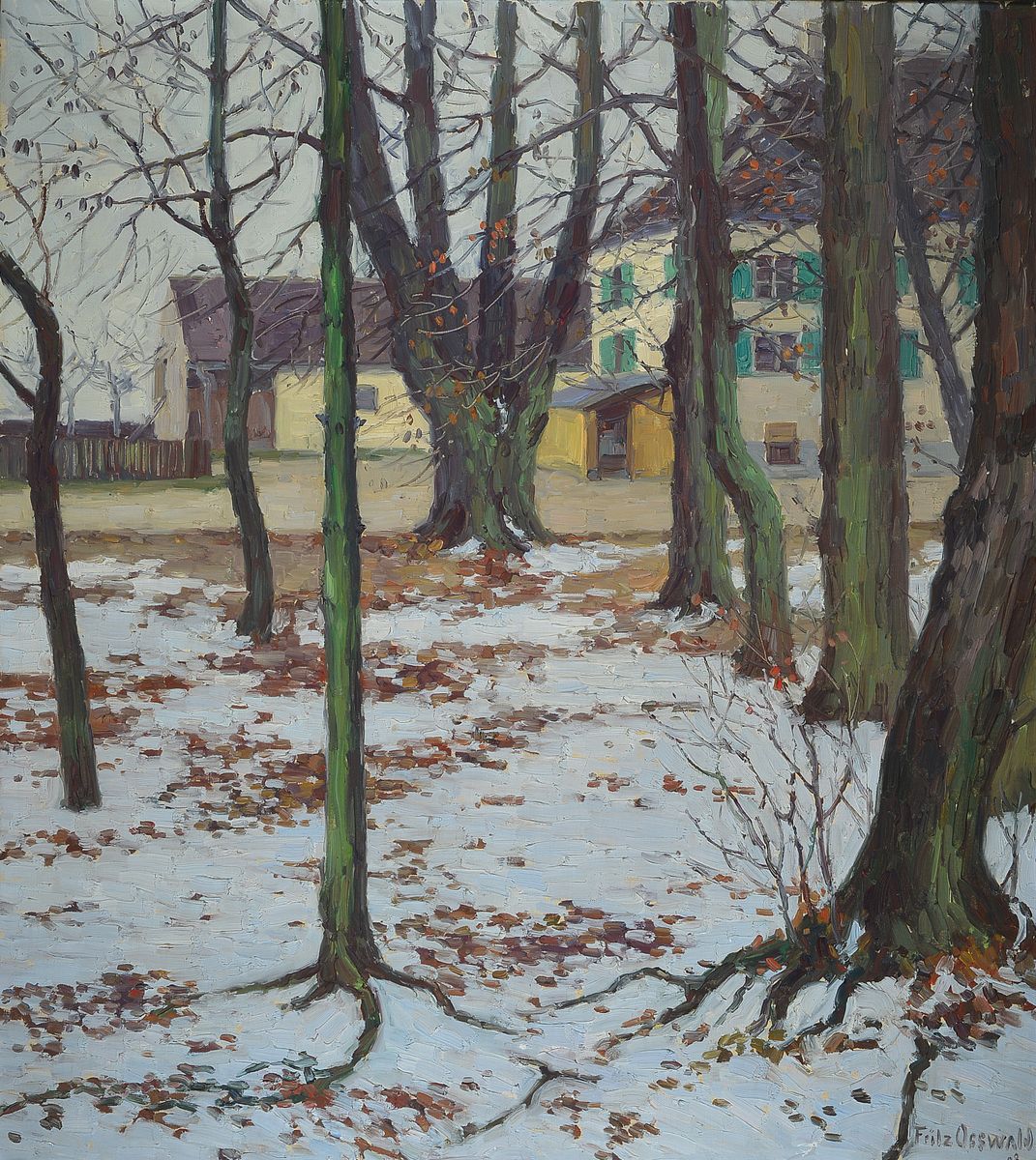 Fritz Osswald, 1878 Zürich-1966 Starnberg, Jagdhaus und Restaurant Aumeister im Englischen Garten München, Blick durch die verschneiten Bäume, ...