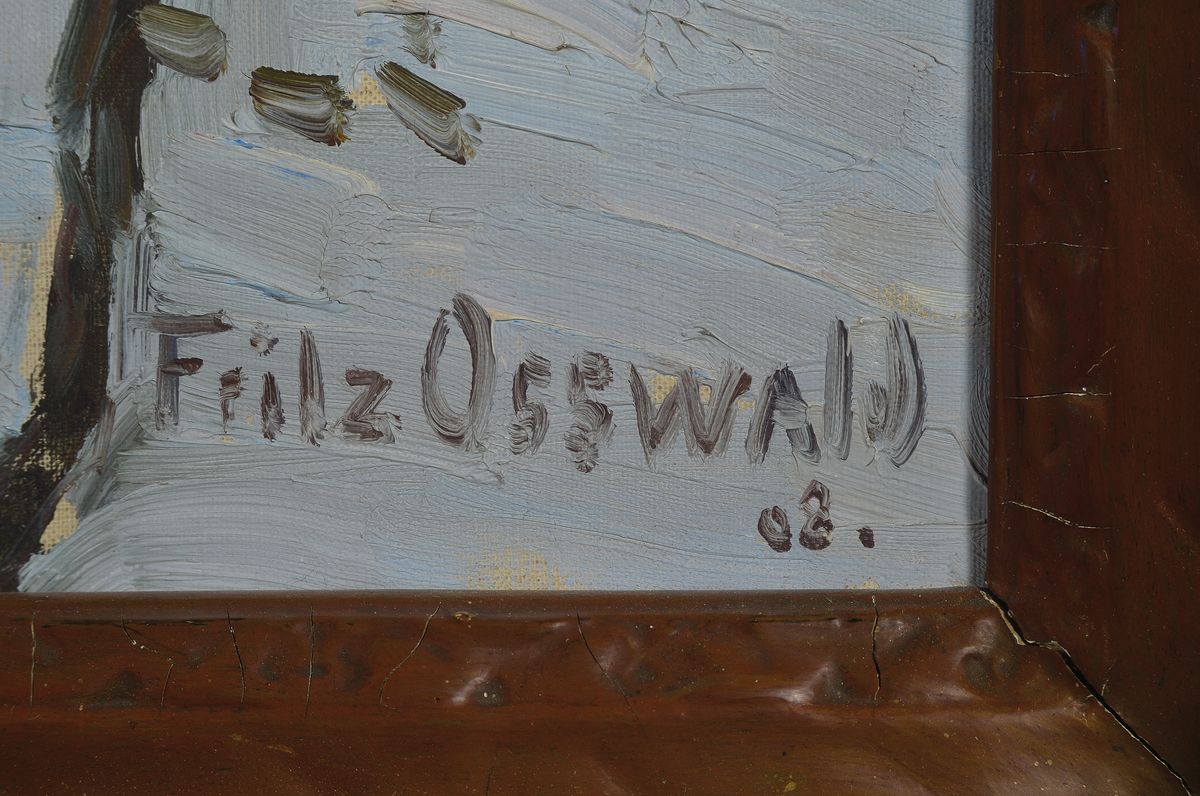 Detail a: Fritz Osswald, 1878 Zürich-1966 Starnberg, Jagdhaus und Restaurant Aumeister im Englischen Garten München, Blick durch die verschneiten Bäume, ...