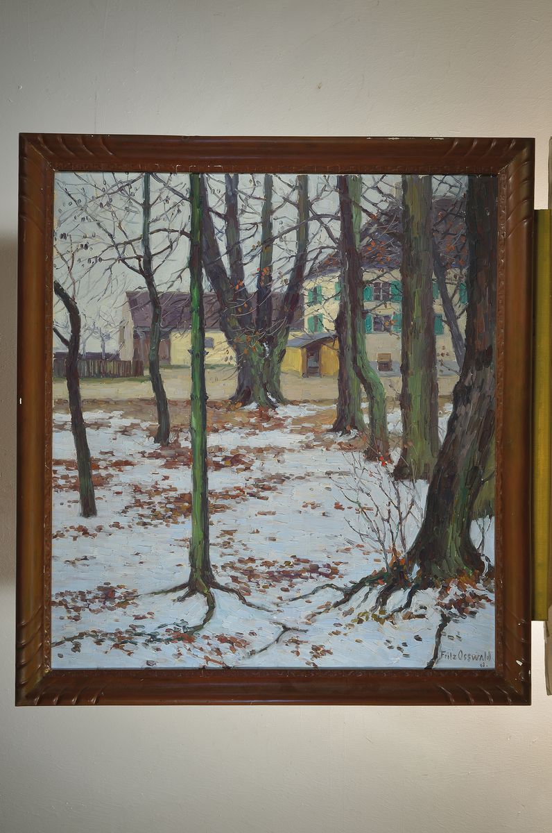 Detail k: Fritz Osswald, 1878 Zürich-1966 Starnberg, Jagdhaus und Restaurant Aumeister im Englischen Garten München, Blick durch die verschneiten Bäume, ...
