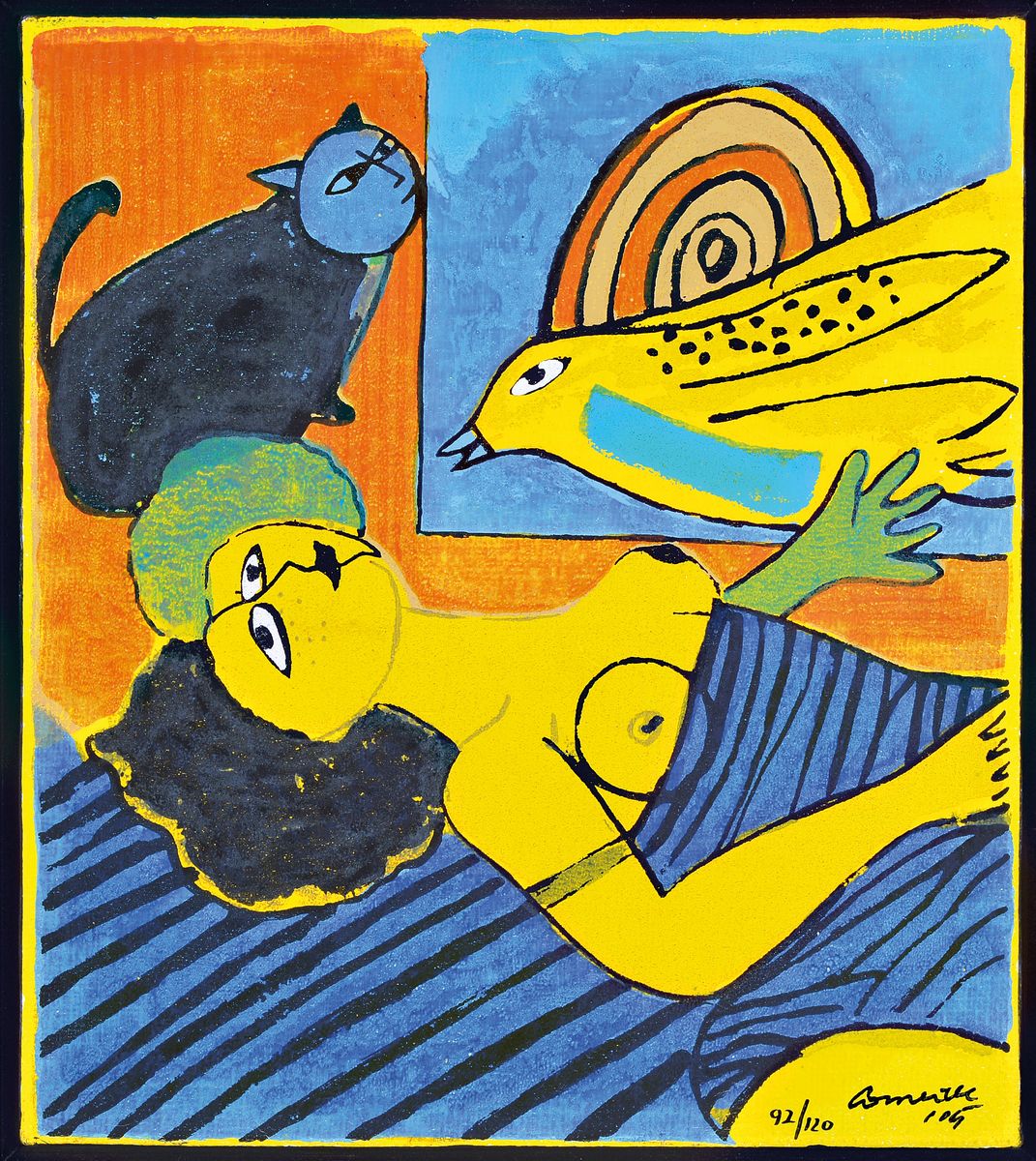 Corneille, 1922-2010, Terragavure, Liegende mit Katze und Vogel, signiert und dat. 05, num. 92/120, ca. 36x32cm/38x34cm, R.