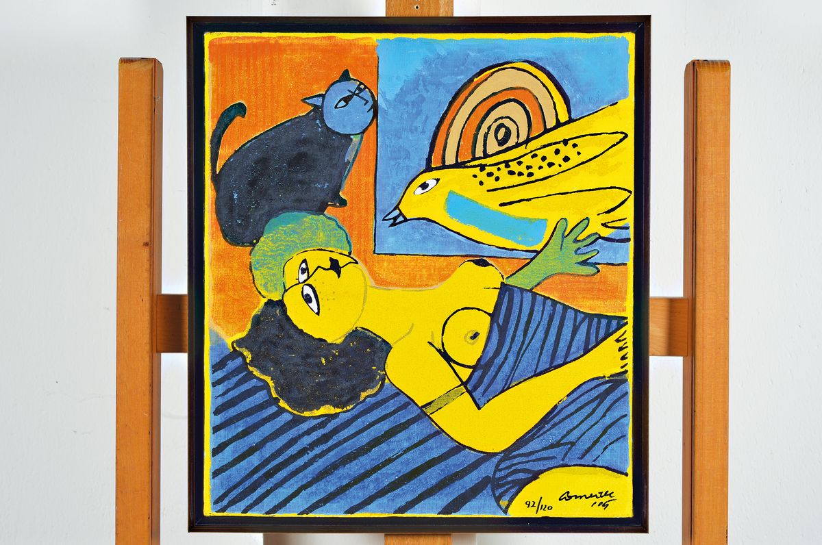 Detail k: Corneille, 1922-2010, Terragavure, Liegende mit Katze und Vogel, signiert und dat. 05, num. 92/120, ca. 36x32cm/38x34cm, R.