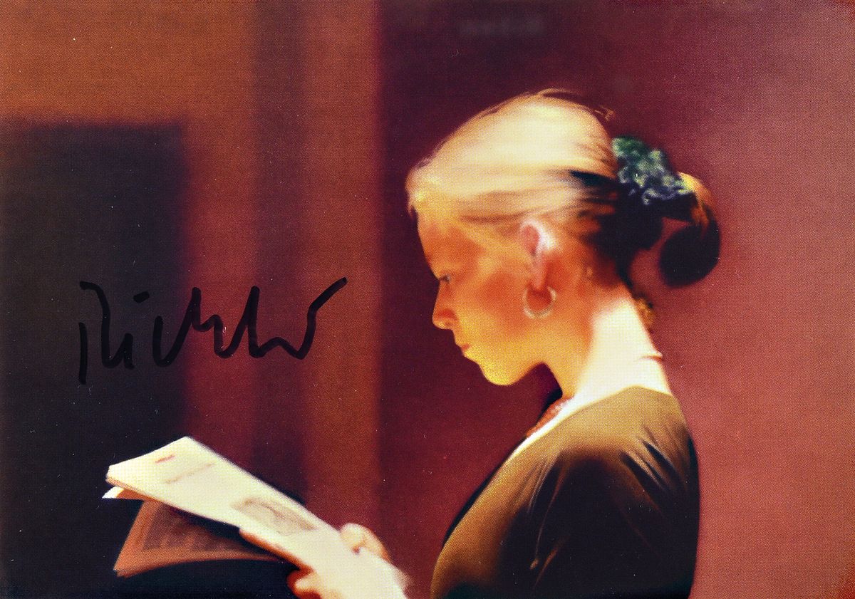 Gerhard Richter, geb. 1932, "Lesende", Kunstpostkarte, handsign., zwischen doppelten Plexiglas gerahmt, gesamt ca. 19x23 cm