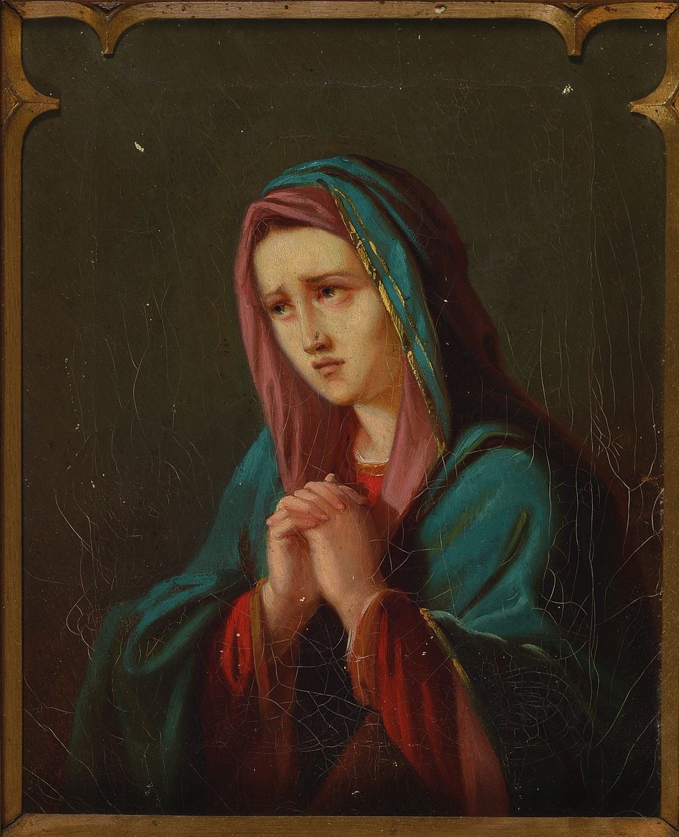 Paar Nazarener, süddeutsch, um 1830/40, Maria und Jesus Christus, Öl/Lwd, beide altersbedingt krakeliert und beschädigt, ca. 34 x 27 cm, ...