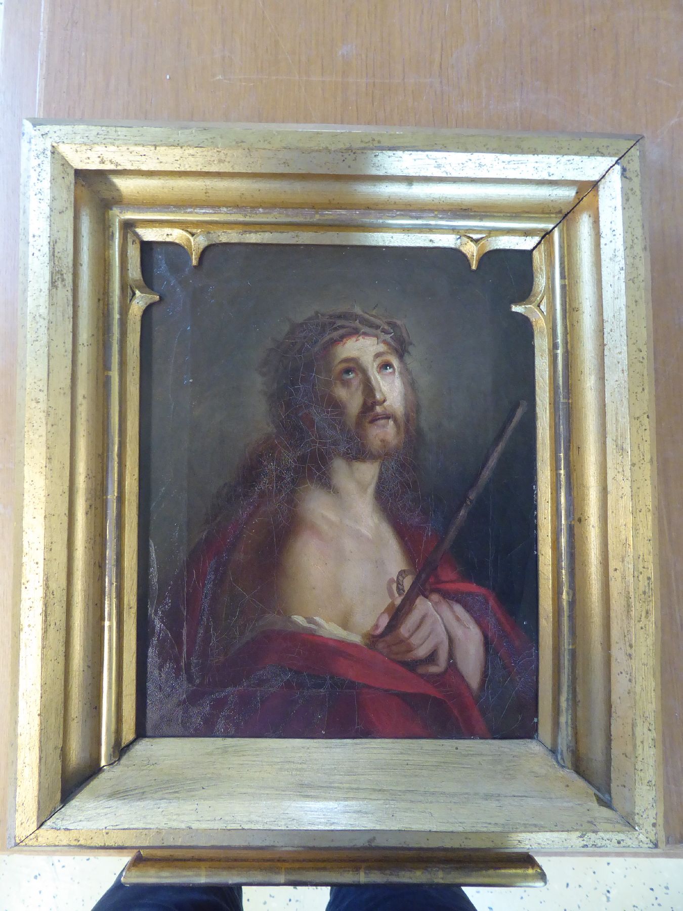 Detail a: Paar Nazarener, süddeutsch, um 1830/40, Maria und Jesus Christus, Öl/Lwd, beide altersbedingt krakeliert und beschädigt, ca. 34 x 27 cm, ...