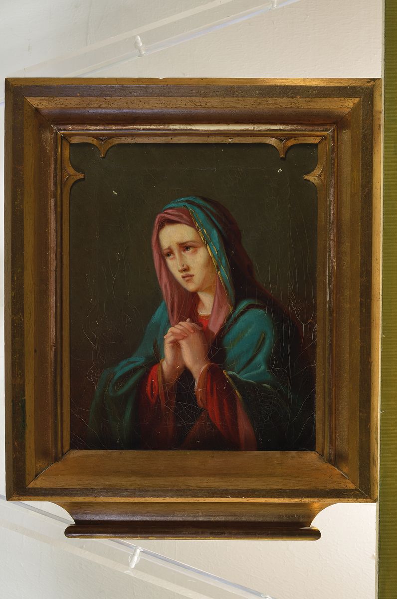 Detail k: Paar Nazarener, süddeutsch, um 1830/40, Maria und Jesus Christus, Öl/Lwd, beide altersbedingt krakeliert und beschädigt, ca. 34 x 27 cm, ...
