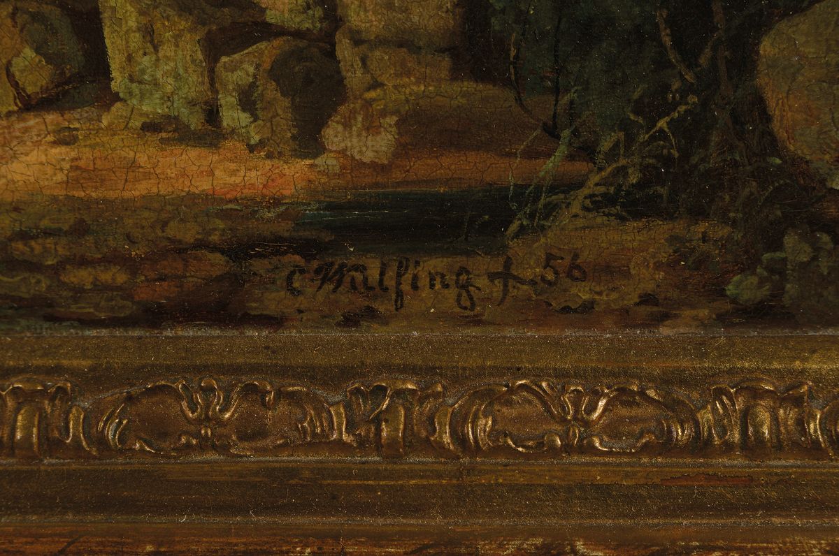 Detail a: Unbekannter Romantiker, 2. Hälfte 19. Jh., romantische Gebirgslandschaft am Bach, mit Fachwerkhaus und mehreren Personen, Öl/Lwd, re. unten ...