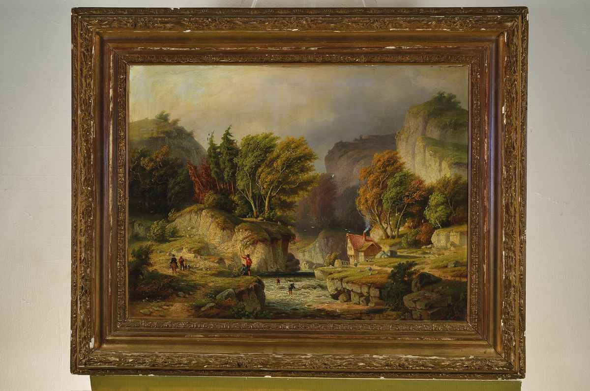 Detail k: Unbekannter Romantiker, 2. Hälfte 19. Jh., romantische Gebirgslandschaft am Bach, mit Fachwerkhaus und mehreren Personen, Öl/Lwd, re. unten ...