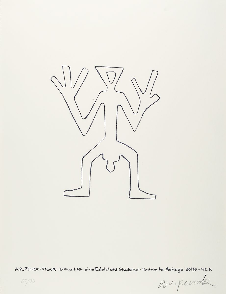 A.R. Penck, 1939-2017, Siebdruck, Figur - Entwurf für eine Edelstahl Skulptur - limitierte Auflage 30 + 30 + 4 E.A., hier num. 25/30 und ...