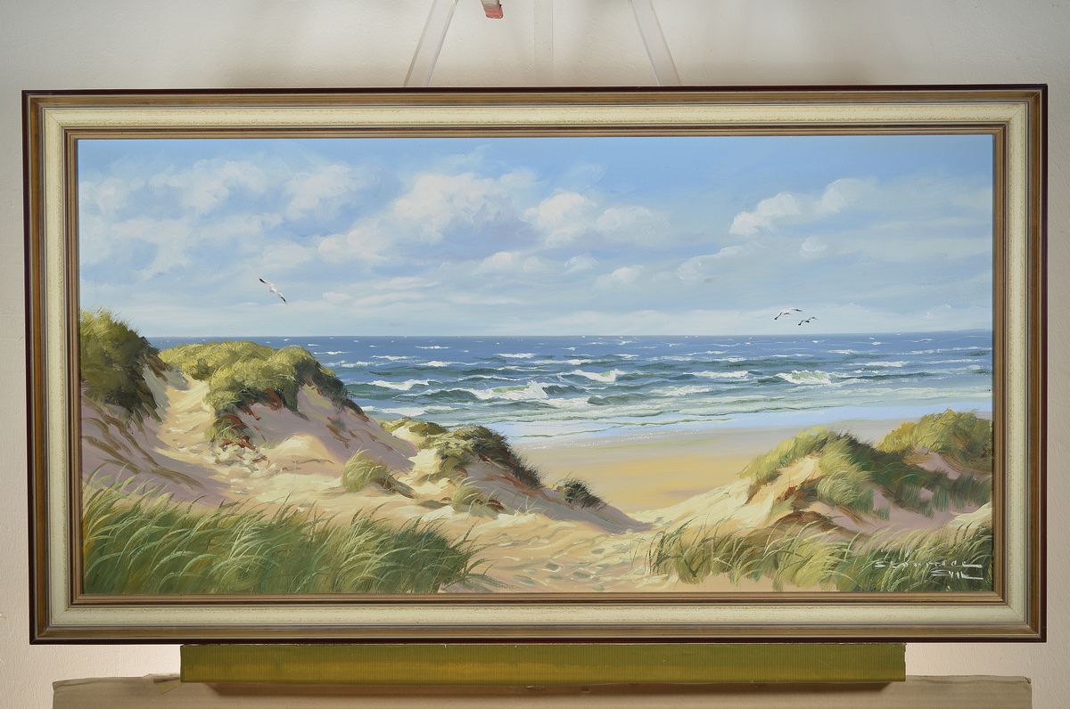 Detail k: Curt Störmer, 1891 - 1976, Sylt, Dünenlandschaft mit Blick auf das Meer, Öl/Lwd, signiert, bezeichnet, 50 x 100 cm, Rahmen, ca. 60 x 110 cm