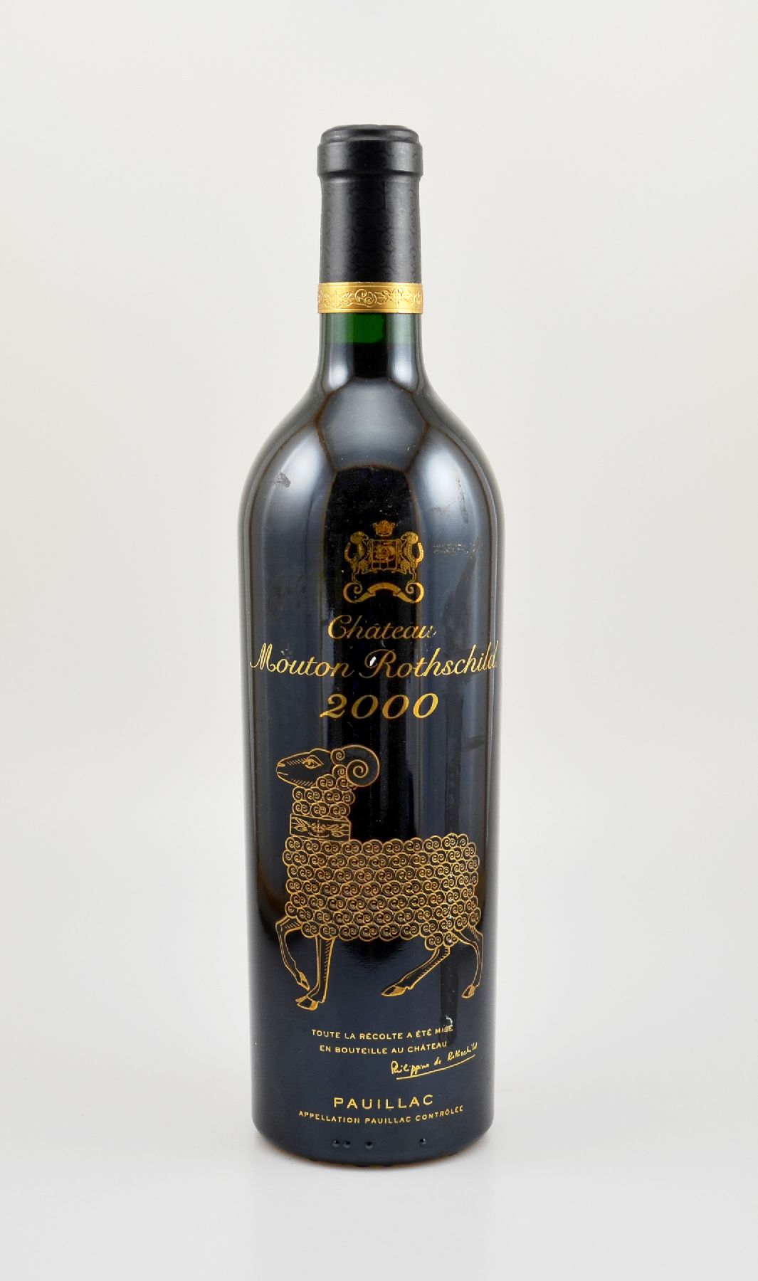 1 Flasche 2000er Chateau Mouton Rothschild, Pauillac, Premier Grand Cru Classe, 75 cl, 12,5 % Vol., Füllstand: into neck, hervorragender ...