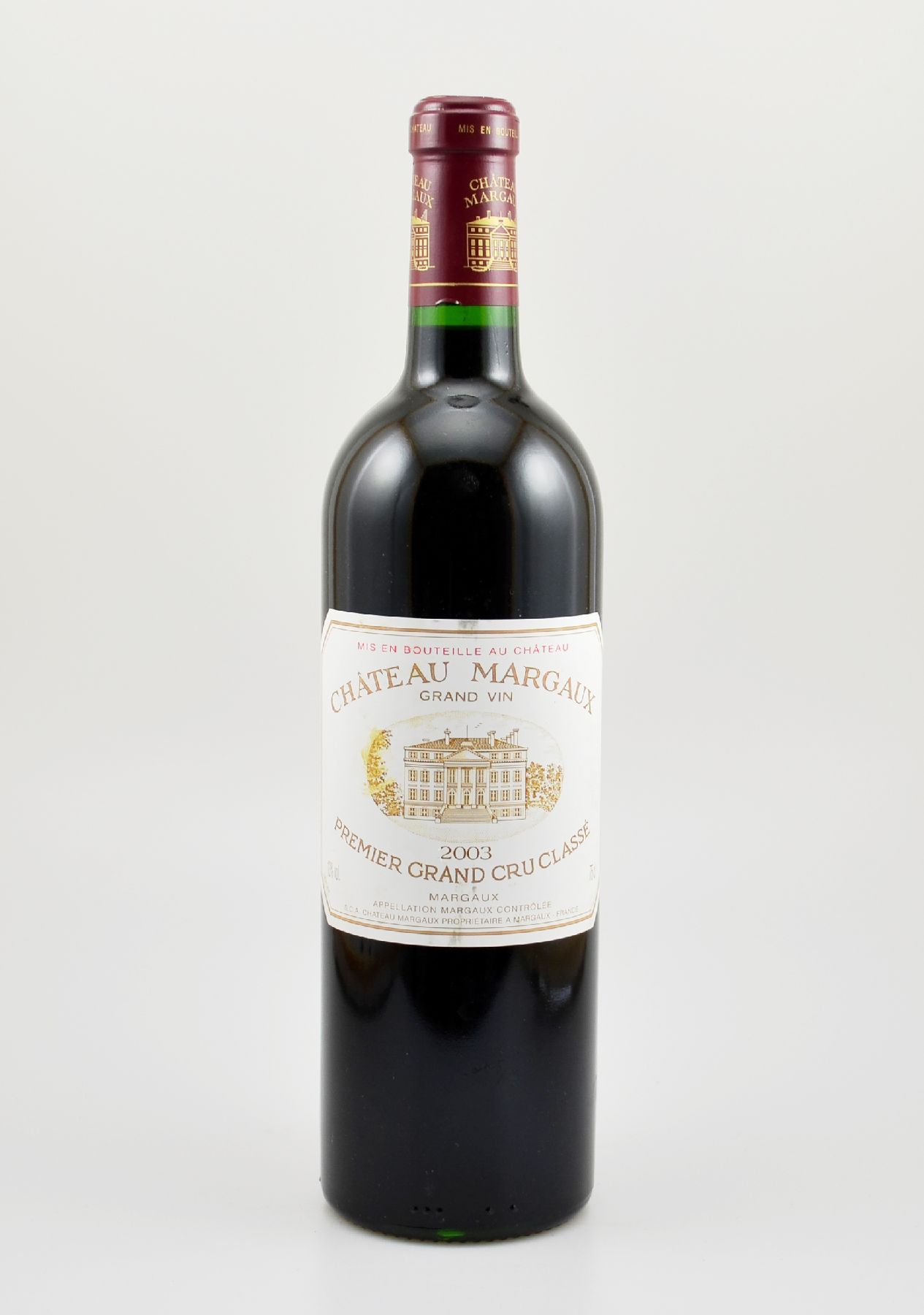 1 Flasche 2003 Chateau Margaux, Margaux, Premier Grand Cru Classe, 75 cl, 13 % Vol., Füllstand: into neck, Etikett l. beschmutzt, unverkostet, 98 ...