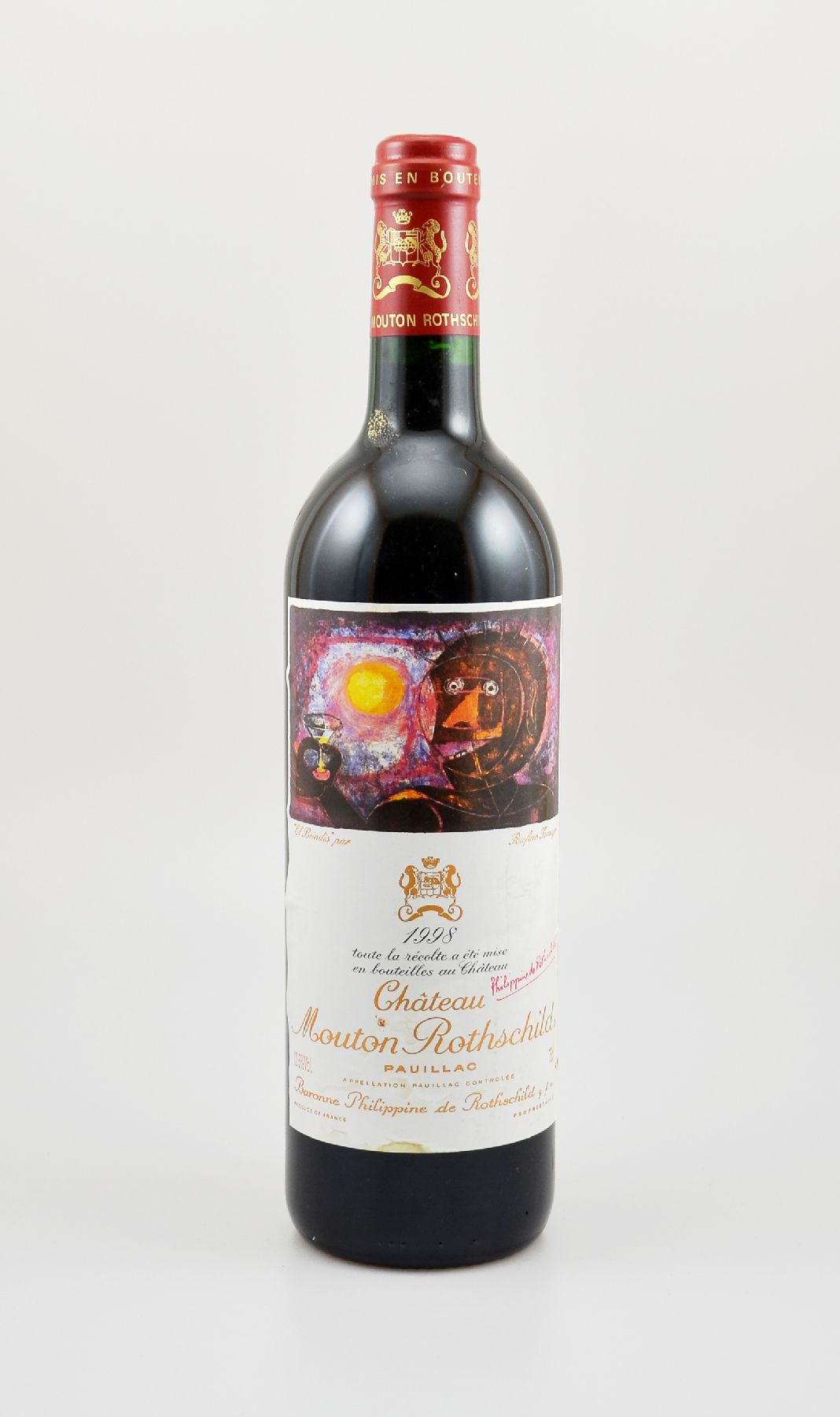 1 Flasche 1998 Chateau Mouton Rothschild, Pauillac, Premier Grand Cru Classe, 75 cl, 12,5 % Vol., Füllstand: into neck, Etikett l. beschmutzt, ...