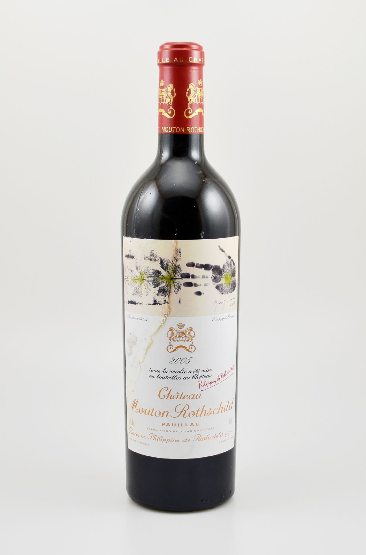 1 Flasche 2005 Chateau Mouton Rothschild, Pauillac, Premier Grand Cru Classe, 75 cl, 13 % Vol., Füllstand: ca. high fill, Etikett fleckig, ...