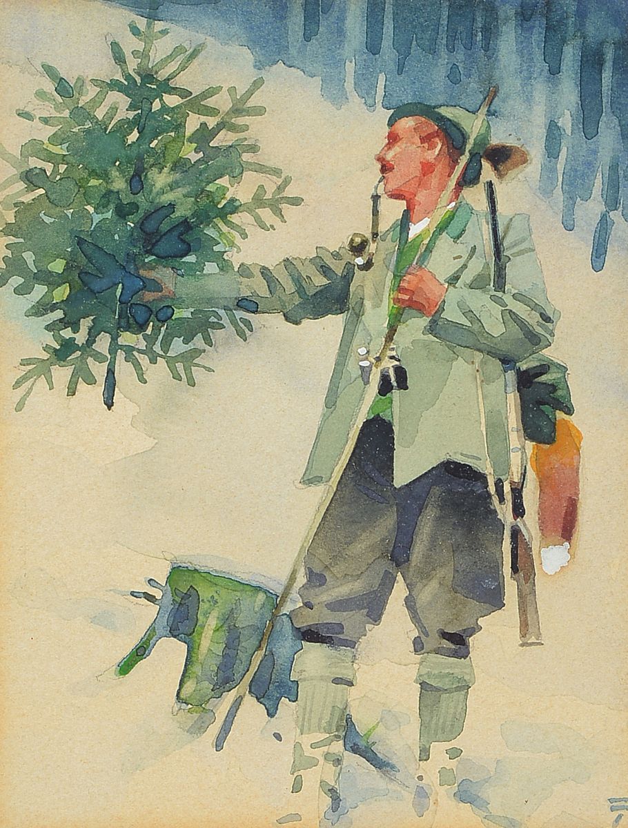 Ludwig Hohlwein, 1874 Wiesbaden-1949 Berchtesgaden, Jäger im Winterwald, Aquarell, rückseitig auf altem Etikett des Kunstsalon Abels Köln ...