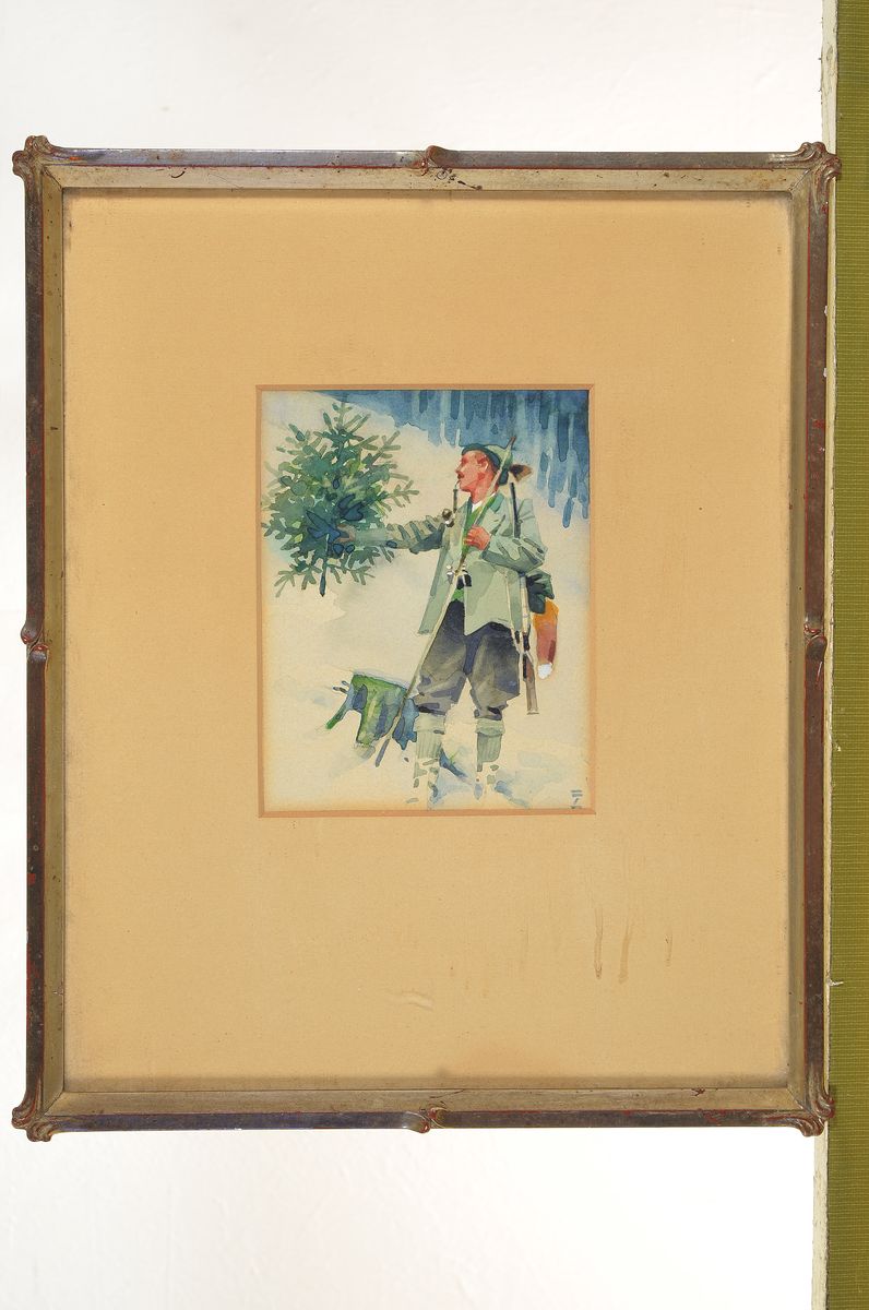 Detail k: Ludwig Hohlwein, 1874 Wiesbaden-1949 Berchtesgaden, Jäger im Winterwald, Aquarell, rückseitig auf altem Etikett des Kunstsalon Abels Köln ...