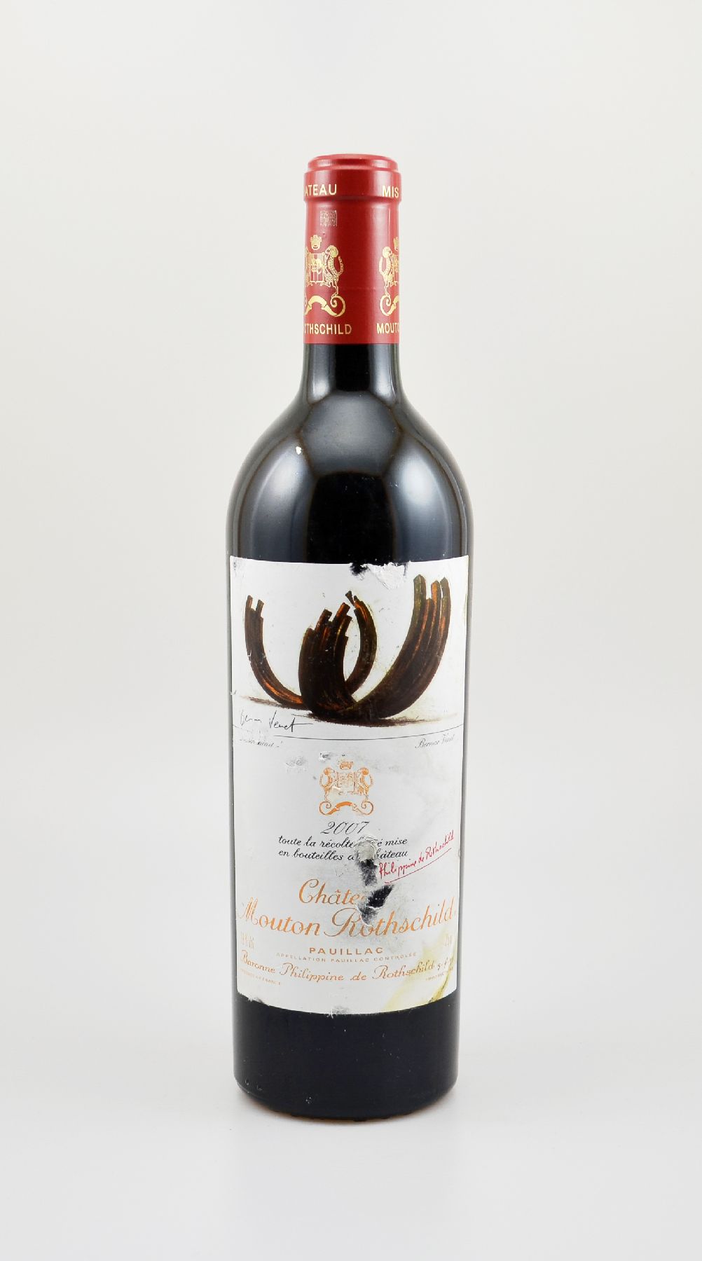 1 Flasche 2007 Chateau Mouton Rothschild, Pauillac, Premier Grand Cru Classe, 75 cl, 13 % Vol., Füllstand: ca. high fill, Etikett fleckig bzw. ...