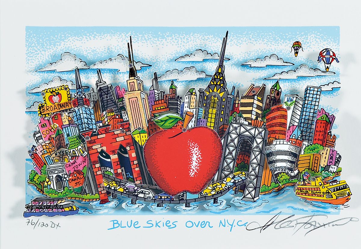 Charles Fazzino, geb. 1955 New York, Blue Skies over N.Y.C., dreidimensionale Farblithographie mit Swarovski-Kristallen und Glitzer, handsigniert, ...