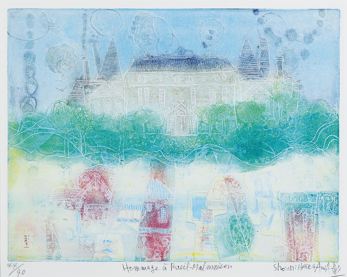 Shoichi Hasegawa, geb. 1929, Hommage a Rueil-Malmaison, Farbradierung, handsigniert, betitelt, num. 44/90, ca. 24x32cm, PP, u. Gl., R. ca. 54x61cm