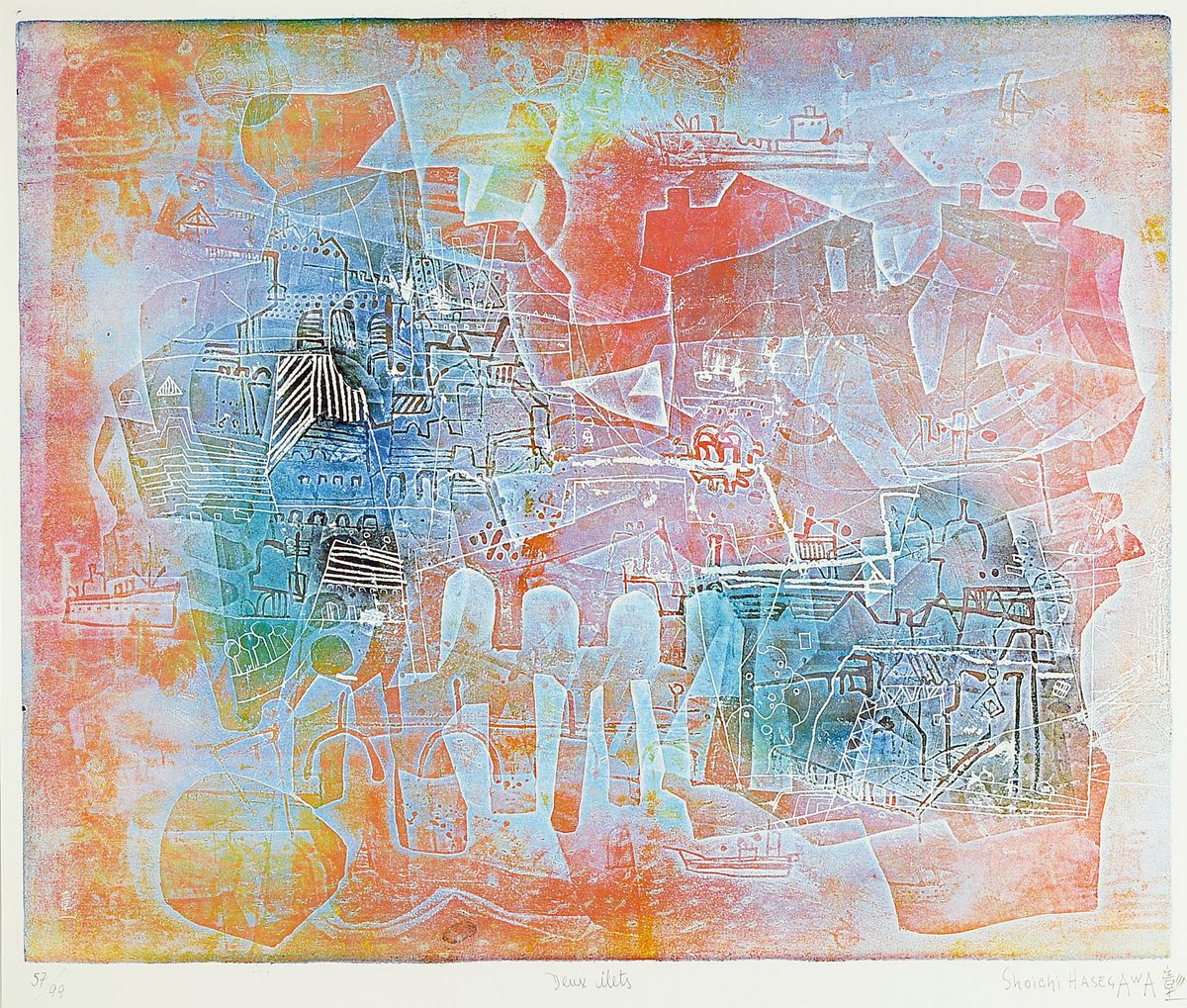 Shoichi Hasegawa, geb. 1929, Deux Ilets, Farbradierung, handsigniert, betitelt, num. 57/99, ca. 48x59cm, PP, u.Gl., R. ca. 83x92cm