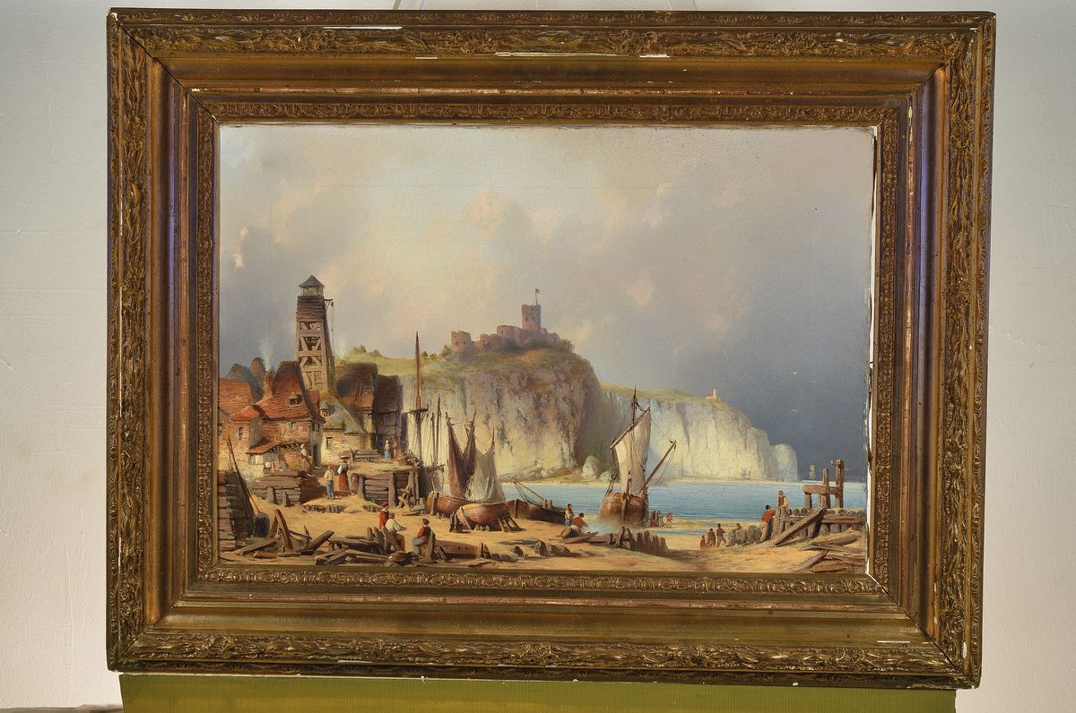 Detail k: Carl Wülfing, 1812 Monzingen-1871 Andernach, war in Köln-Deutz tätig, holländische Hafenansicht, im Hintergrund Burgruine, detailreiche ...