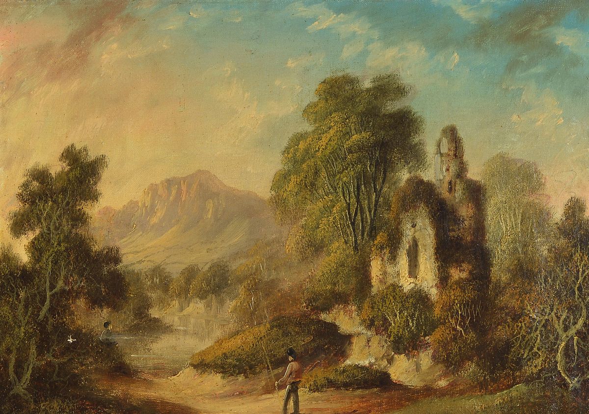 Detail a: James Hall Nasmyth, 1808-1890, 2 Gegenstücke: Landschaften mit Personen, Öl/Lwd, rückseitig signiert, je ca. 23x32cm, R. ca. 39x48cm