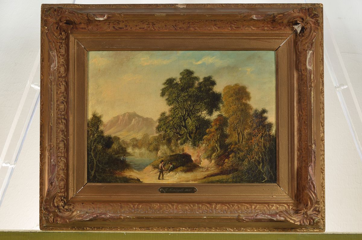 Detail k: James Hall Nasmyth, 1808-1890, 2 Gegenstücke: Landschaften mit Personen, Öl/Lwd, rückseitig signiert, je ca. 23x32cm, R. ca. 39x48cm