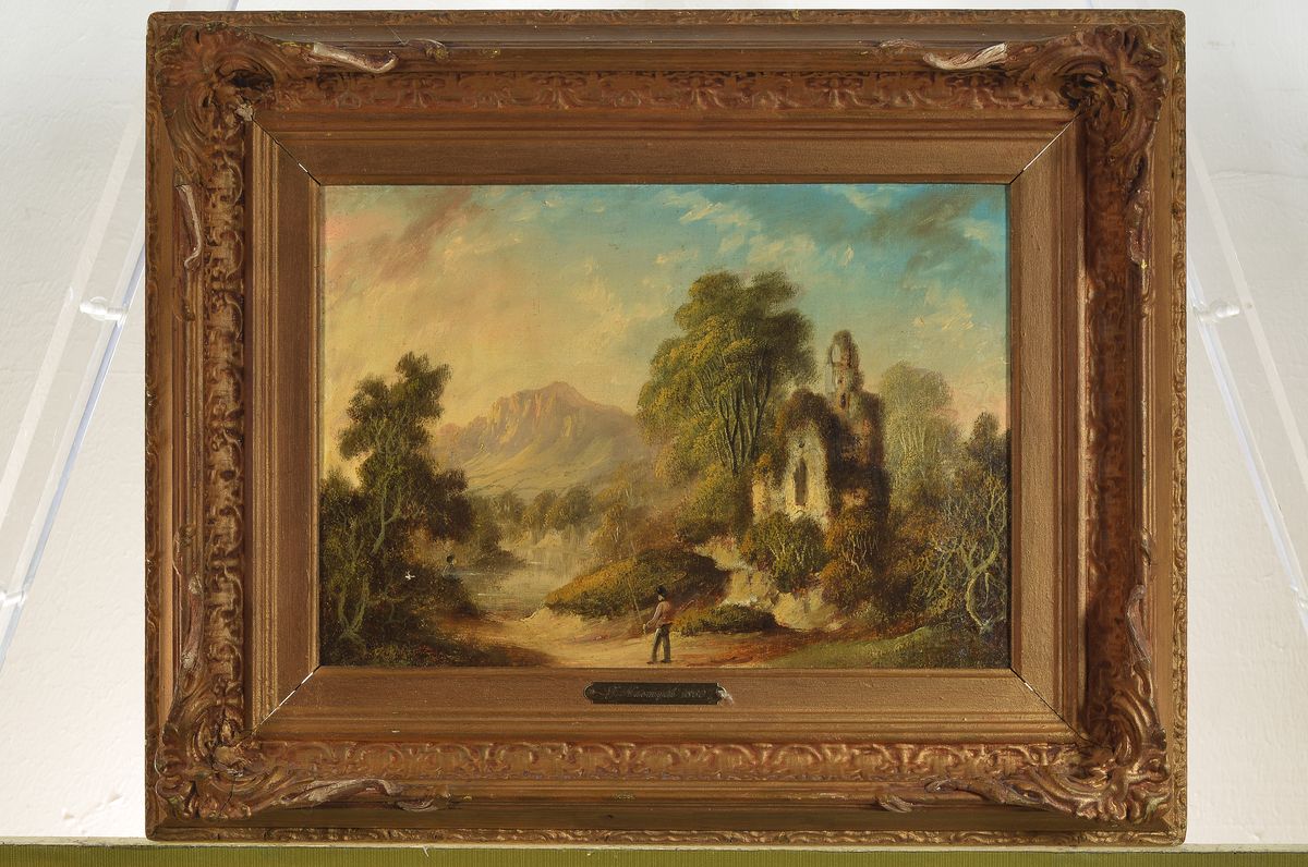 Detail l: James Hall Nasmyth, 1808-1890, 2 Gegenstücke: Landschaften mit Personen, Öl/Lwd, rückseitig signiert, je ca. 23x32cm, R. ca. 39x48cm