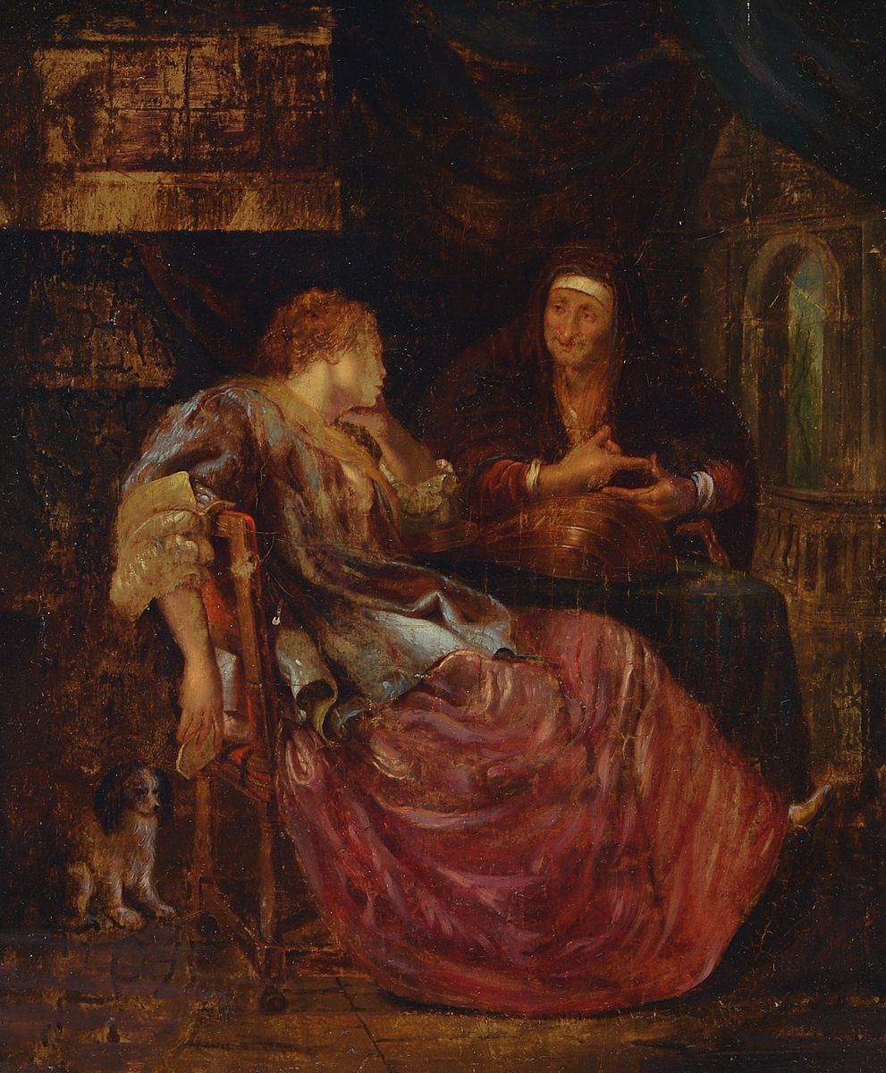 Unbekannter Künstler, Niederlande, frühes 19. Jh., Junge Frau bei der Wahrsagerin, Öl/Holz, altersbedingt krakeliert, ca. 33x27cm, R. ca. 50x44cm