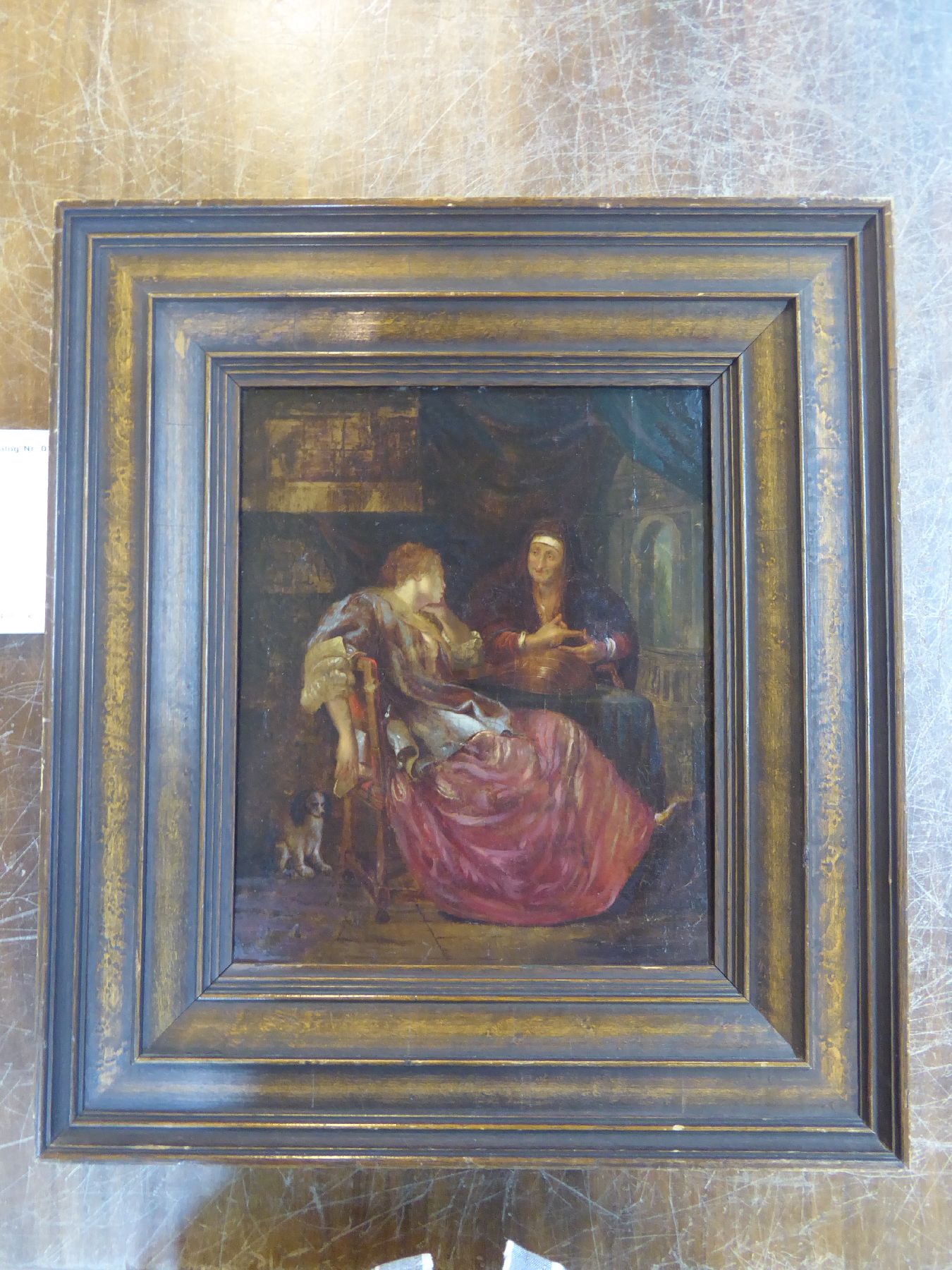 Detail a: Unbekannter Künstler, Niederlande, frühes 19. Jh., Junge Frau bei der Wahrsagerin, Öl/Holz, altersbedingt krakeliert, ca. 33x27cm, R. ca. 50x44cm