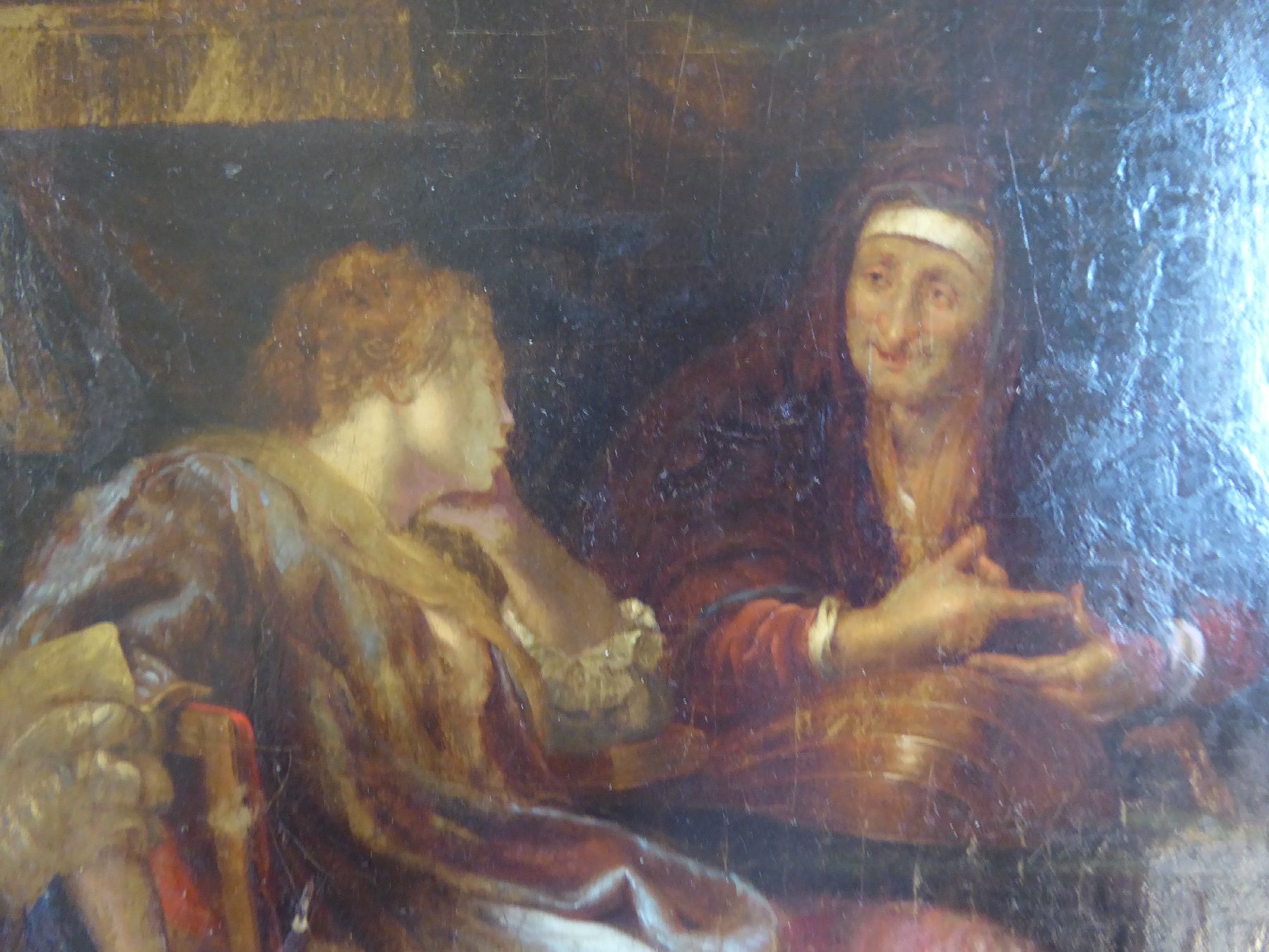 Detail d: Unbekannter Künstler, Niederlande, frühes 19. Jh., Junge Frau bei der Wahrsagerin, Öl/Holz, altersbedingt krakeliert, ca. 33x27cm, R. ca. 50x44cm