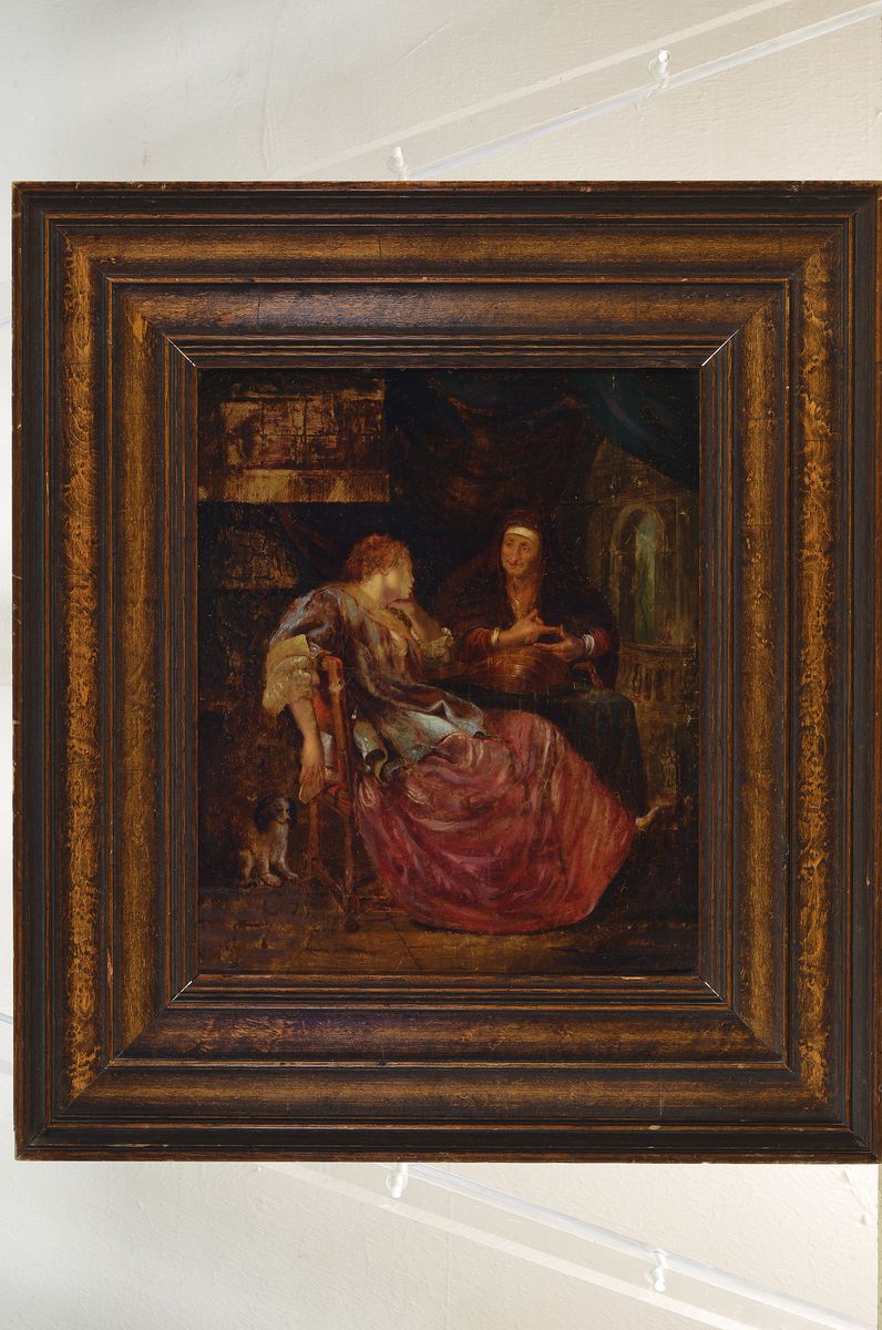 Detail k: Unbekannter Künstler, Niederlande, frühes 19. Jh., Junge Frau bei der Wahrsagerin, Öl/Holz, altersbedingt krakeliert, ca. 33x27cm, R. ca. 50x44cm