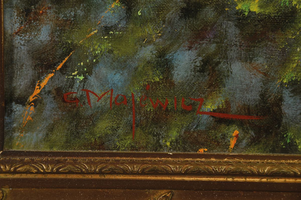 Detail a: Georg Majewicz, 1897 Polkwitz-1965 Münchberg, bekannter deutscher Tier- und Landschaftsmaler, war tätig in Berlin, hier: Auerhahn auf Ast, Öl/Lwd, ...