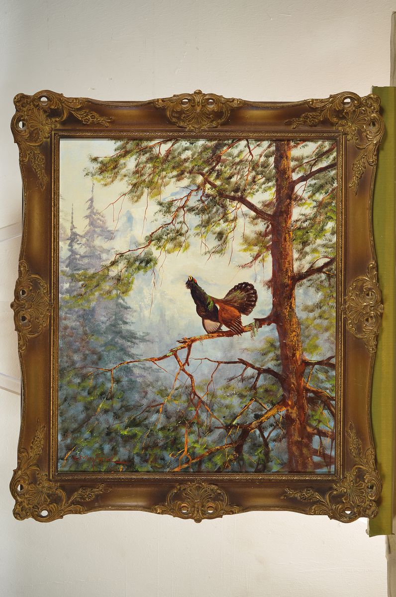 Detail k: Georg Majewicz, 1897 Polkwitz-1965 Münchberg, bekannter deutscher Tier- und Landschaftsmaler, war tätig in Berlin, hier: Auerhahn auf Ast, Öl/Lwd, ...